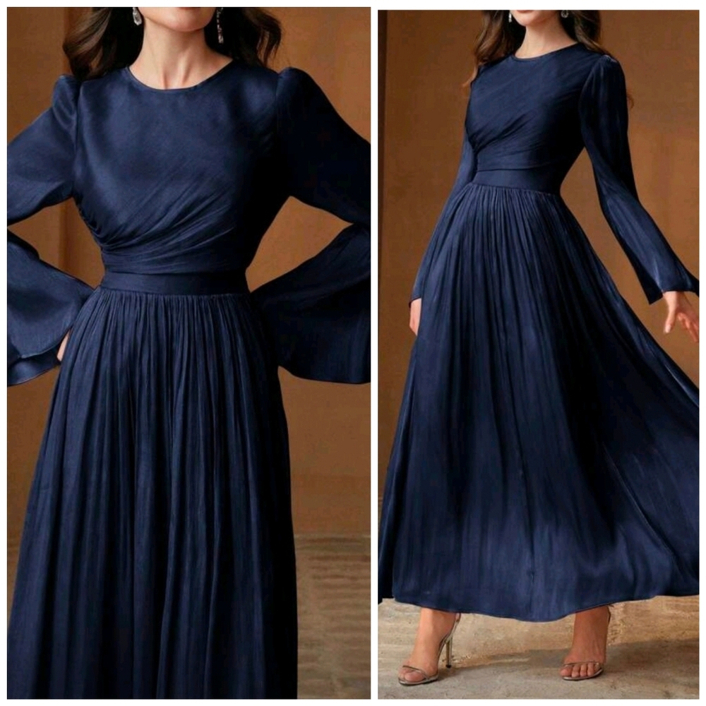 New Glam Gathered Top Flare Sleeve Maxi Dress Navy Blue - Picture 8 of 11